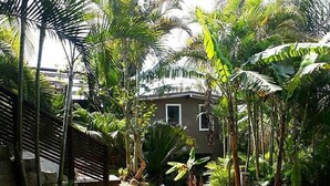 A garden with a stone pathway leading to a house. - Pousada Aloha Beach House (Imbituba)