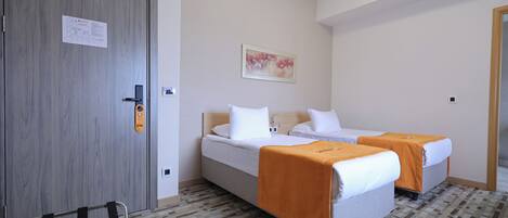 Een hotelkamer met twee bedden, een houten deur, een klein schilderij en een kamerbreed tapijt met een patroon.