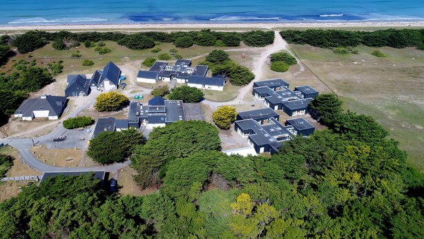 Luchtbeeld van een woongebied met meerdere huizen, een strand en een weg naar het strand.