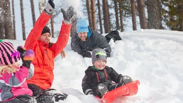 Um grupo de pessoas escorregando na neve em uma floresta coberta de neve.