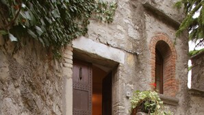Una scala in pietra conduce a una porta di legno, con un cane in basso.