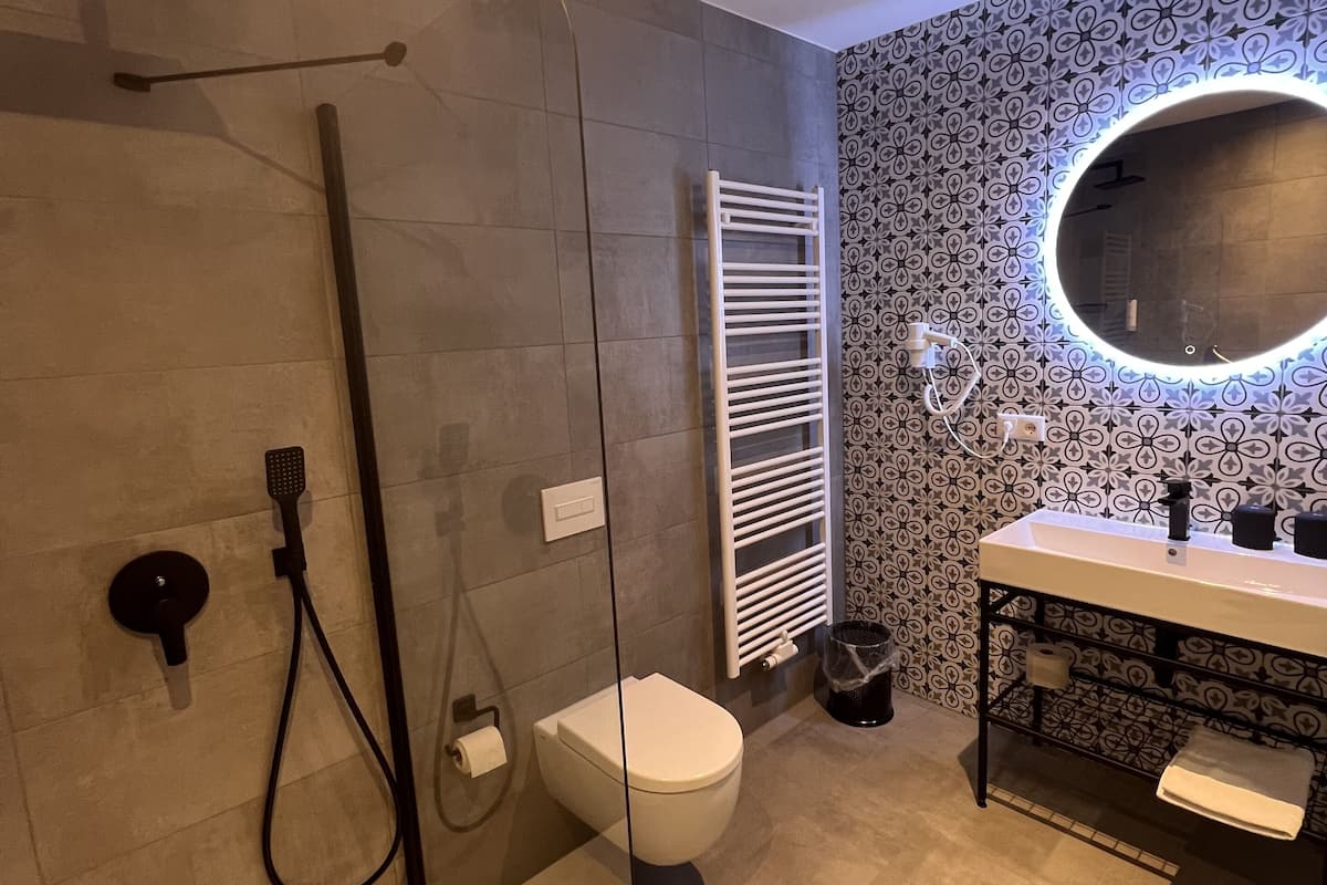 hair dryer, towels, soap, shampoo