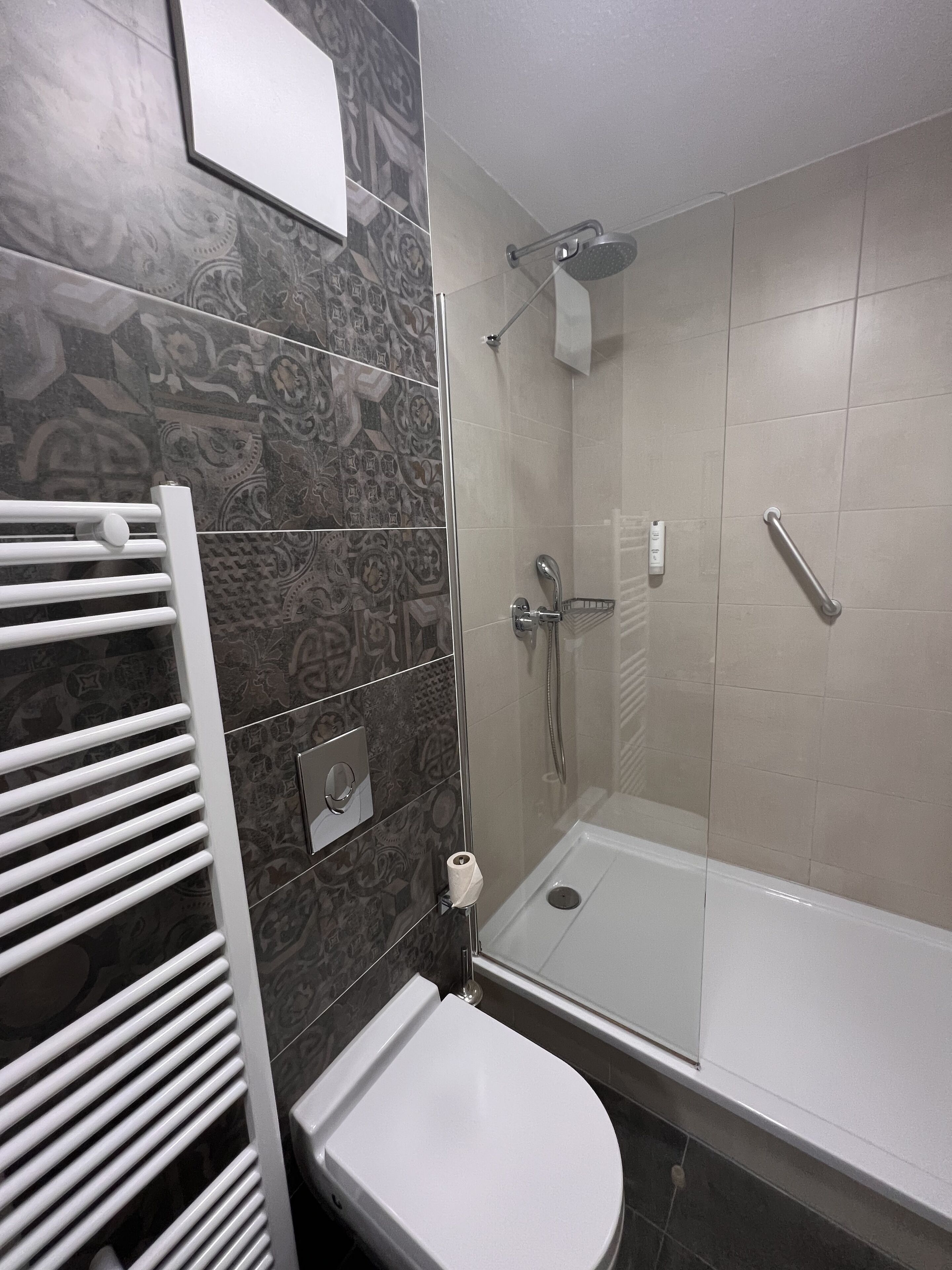 Ein modernes Badezimmer mit Dusche, Toilette und Handtuchhalter.