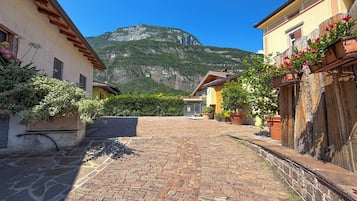 Une rue pavée dans un village, avec des bâtiments de chaque côté, une montagne en arrière-plan et des plantes en pot ornées de fleurs.