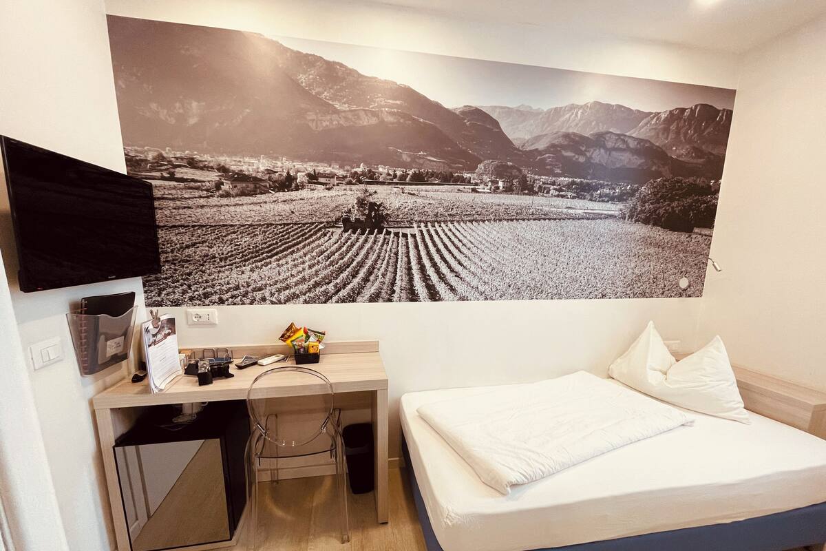 A bedroom with a bed, a desk, and a chair. There is a large framed picture on the wall.