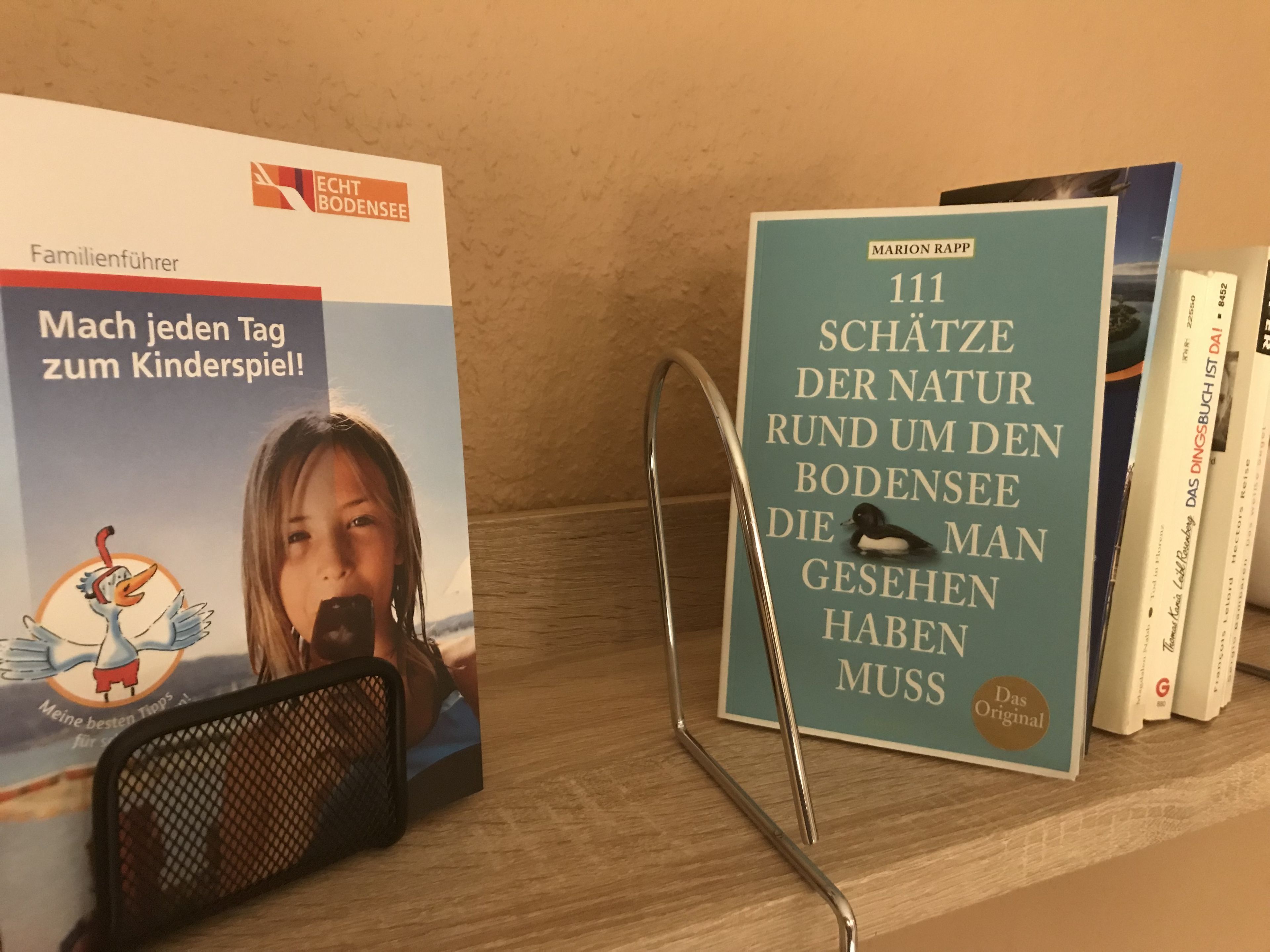 A bookshelf with books, one titled 'Mach jeden Tag zum Kinderspiel!' and another titled '111 Schätze der Natur rund um den Bodensee.'