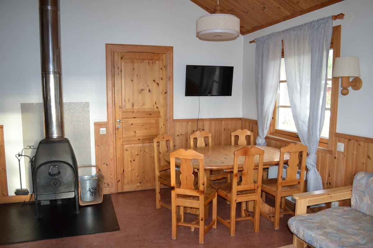 A cozy room with a wood-burning stove, wooden furniture, a television, and a window with curtains.