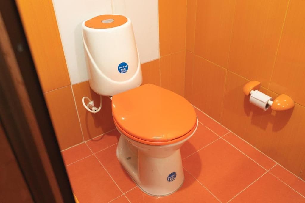 A toilet with an orange seat and lid, a white flush tank, and a roll of toilet paper on a wall-mounted holder.