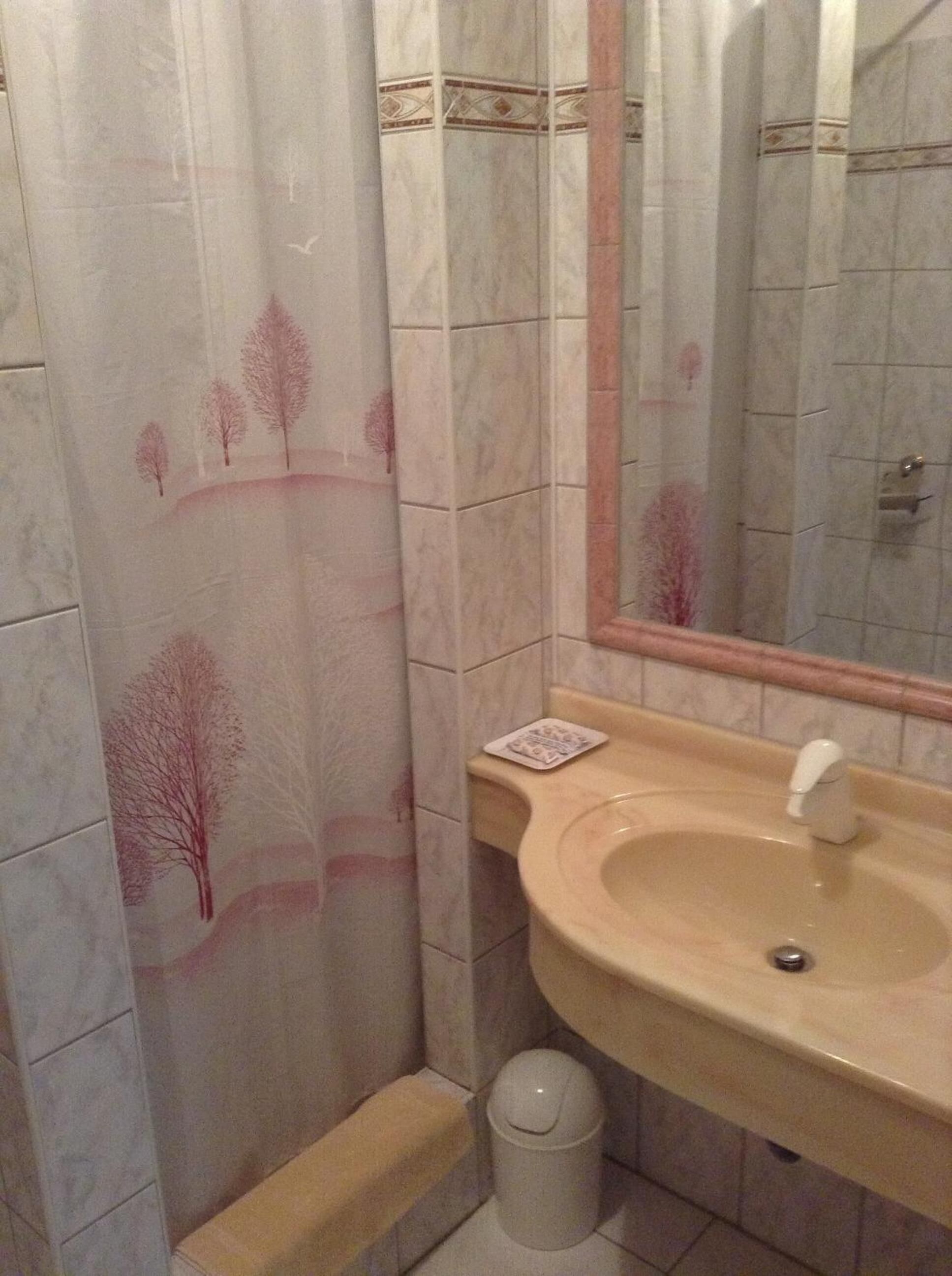 A bathroom with a beige sink, a mirror, and a toilet.
