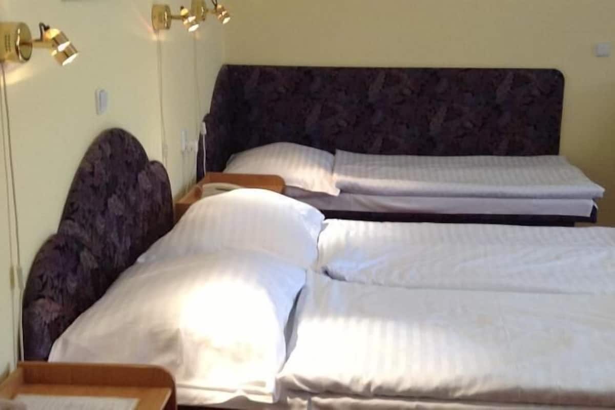 A hotel room with two beds, a headboard, and a bedside table.