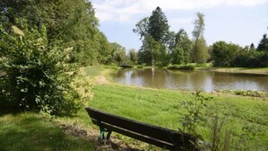 A bench by a calm lake surrounded by lush greenery. - Hôtel le Pré Serroux (Champagney)