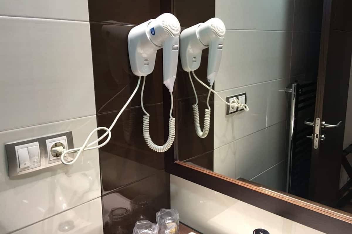 free toiletries, hair dryer, towels