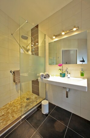 Comfort Room | Bathroom | Shower, free toiletries, towels - Hôtel Le Quatorze (Figeac)