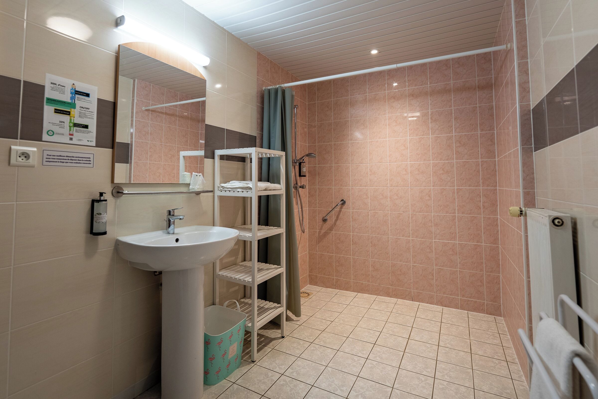 Un baño con lavamanos, espejo, estantes y zona de ducha.