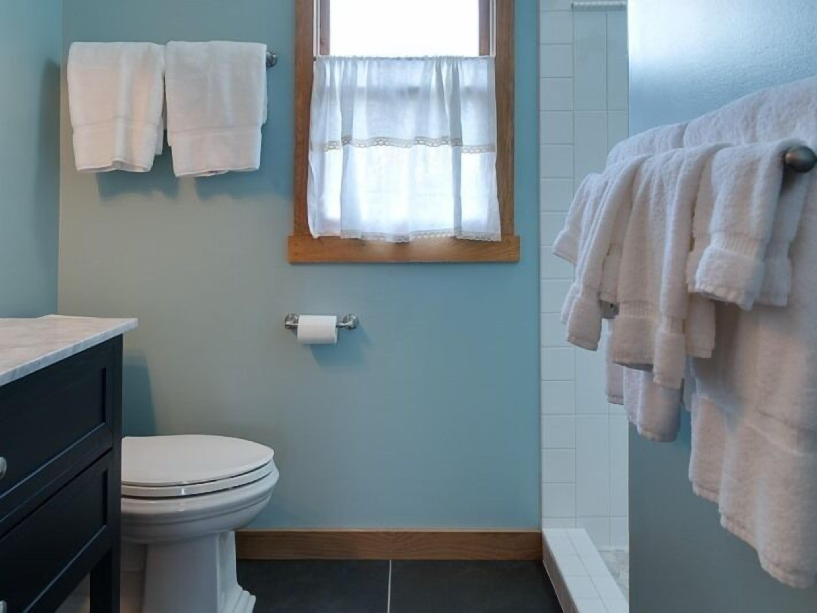 A bathroom with a toilet, a sink, and a window with a curtain. There are towels hanging on the wall and a roll of toilet paper on the wall.