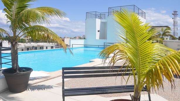 Una piscina con elemento d'acqua blu, circondata da palme e una panchina.