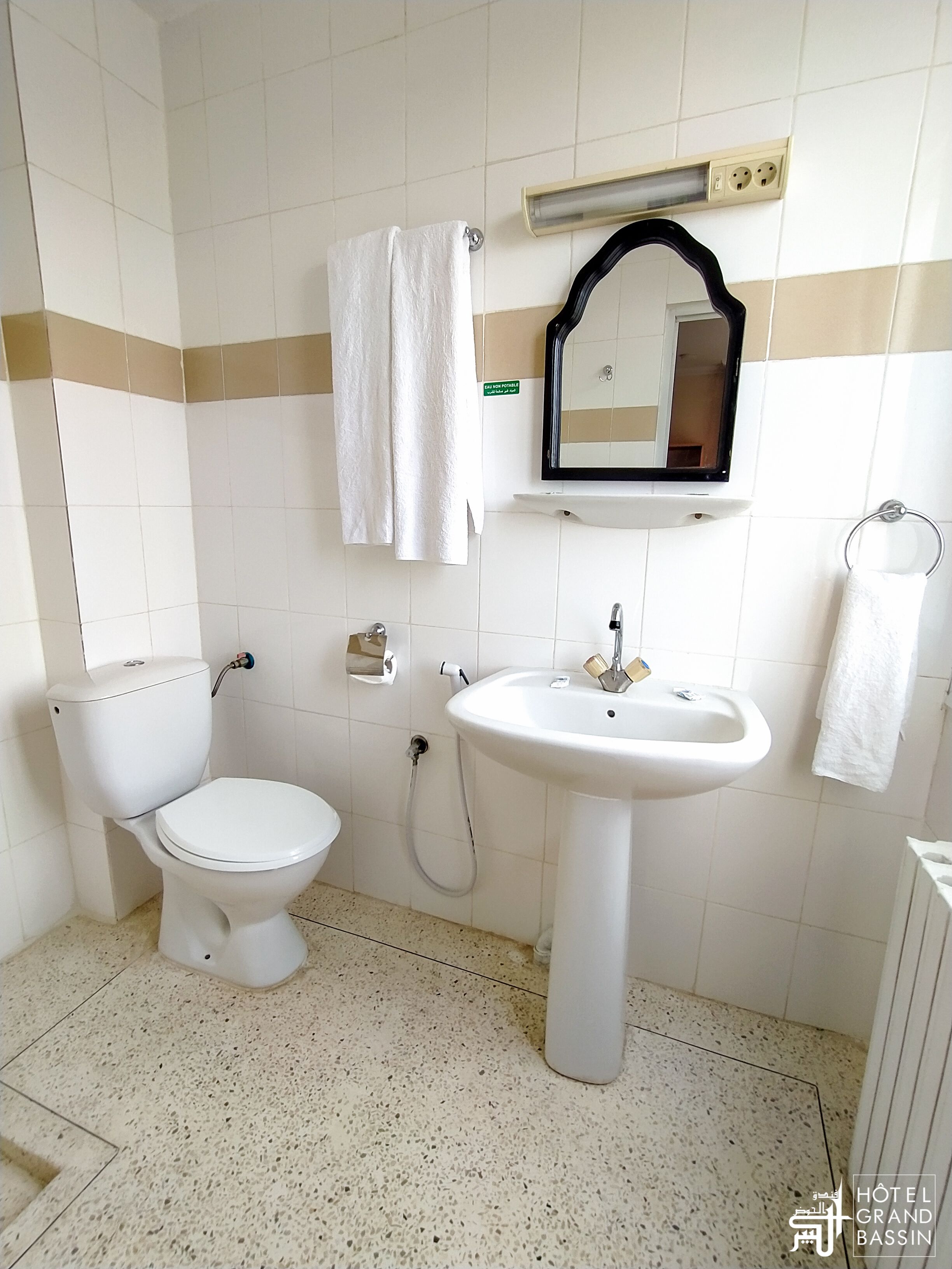 A bathroom with a toilet, sink, and mirror.