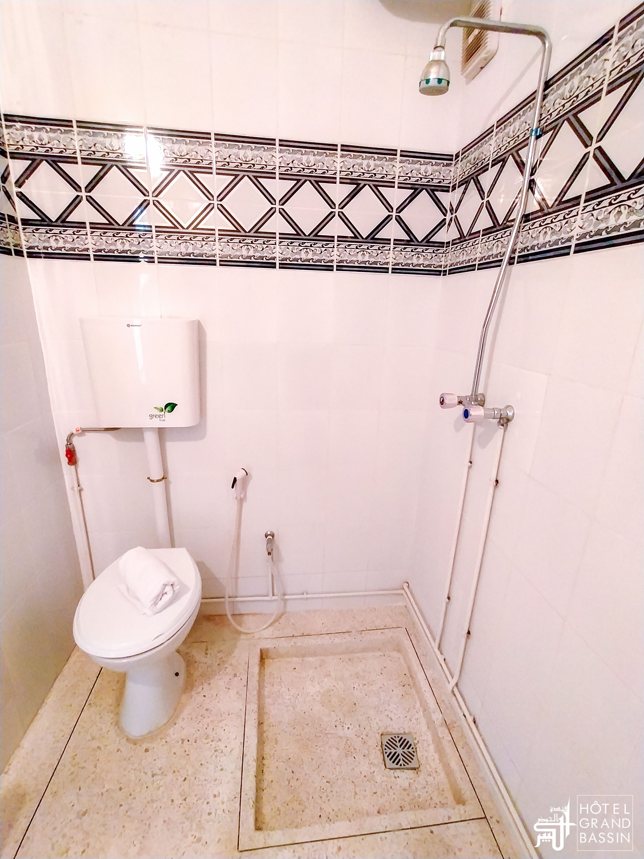 Ein Badezimmer mit Toilette, Dusche und einer weißen Fliesenwand mit dekorativer Bordüre.