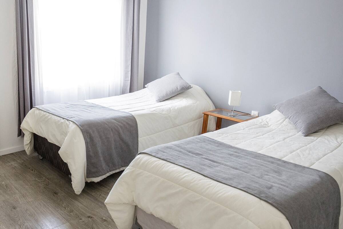 Two single beds with grey and white bedding, a small wooden nightstand with a lamp, and a window with sheer curtains.