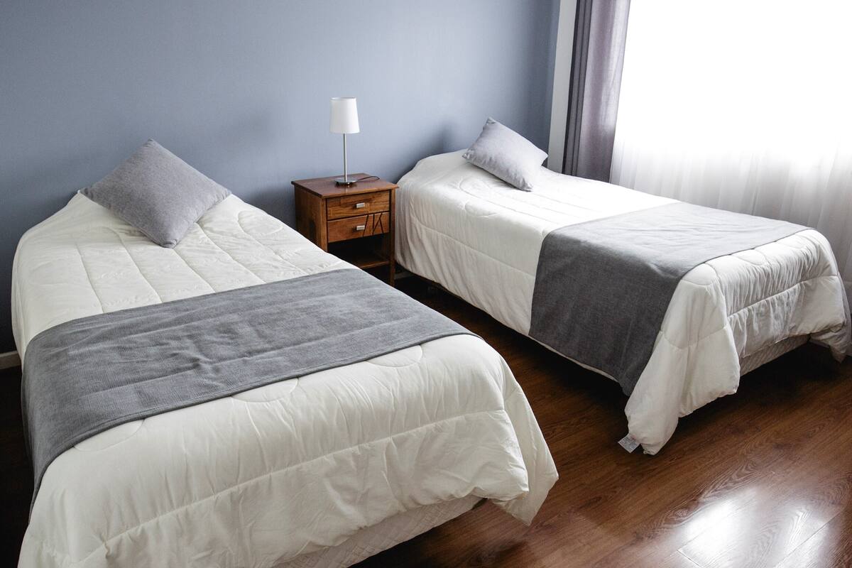 A bedroom with two beds, a nightstand, and a lamp.