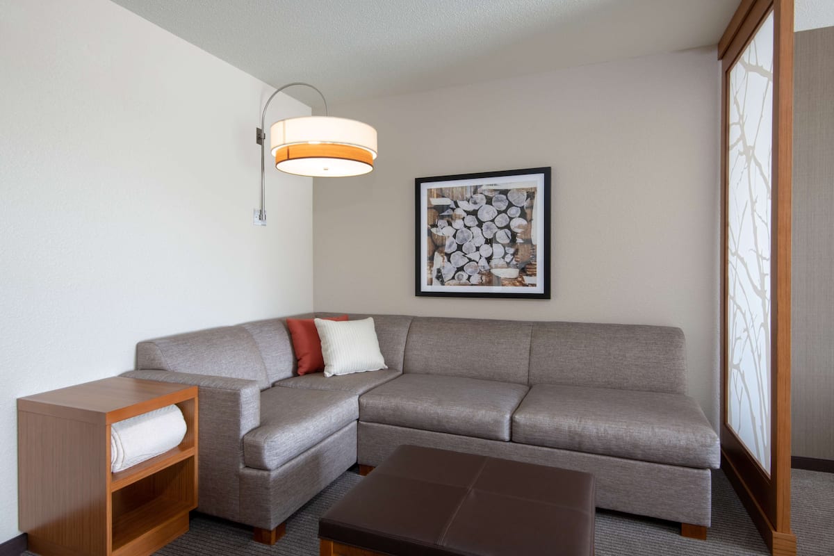 A modern living room with a grey sectional sofa, a wooden side table with a towel, a brown ottoman, a wall-mounted lamp, and a framed picture of logs.