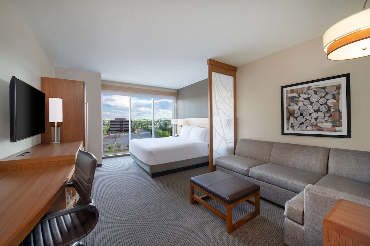 A hotel room with a bed, a sofa, a desk with a chair, a television, and a large window offering a view of the outdoors.