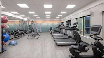 A gym with treadmills, elliptical machines, free weights, and exercise balls.