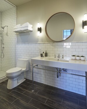 A modern bathroom with a white toilet, a sink with a mirror above it, and a shower area. - Kinn Guesthouse Bay View (Milwaukee)