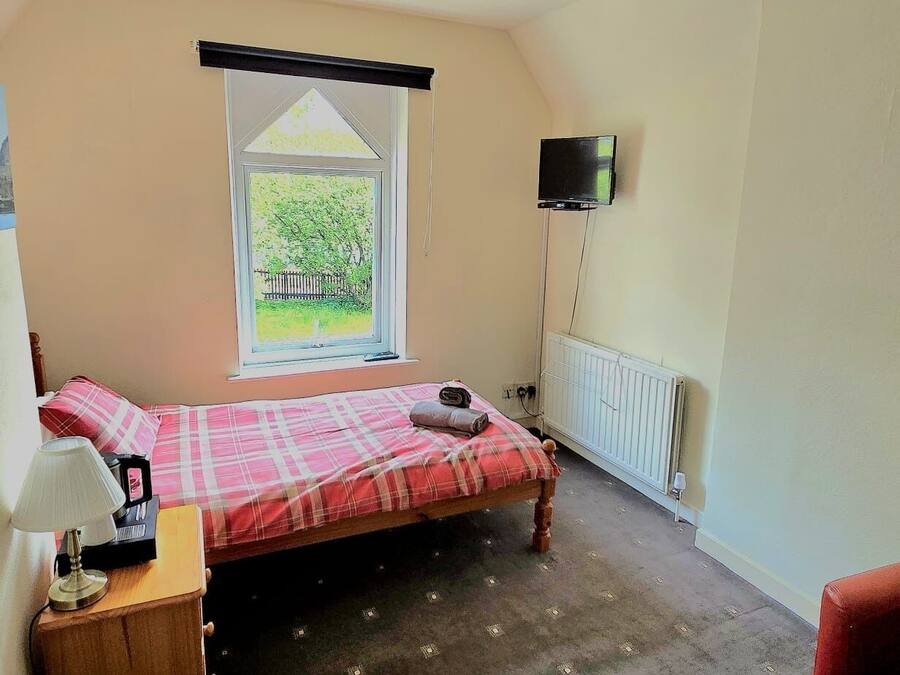 A bedroom with a bed, a nightstand, a lamp, a window with a view, a radiator, and a mirror.