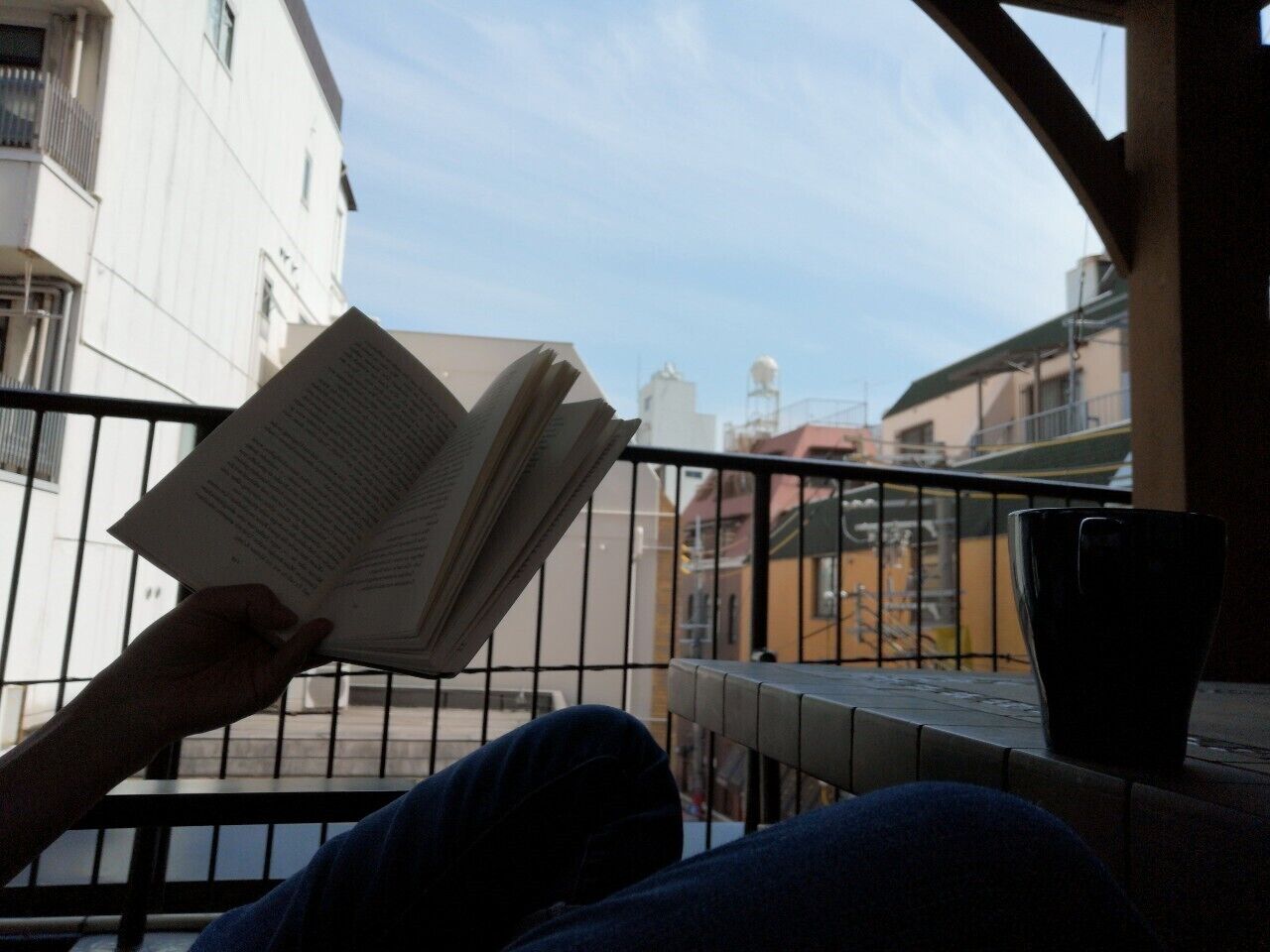 A person reading a book on a balcony with a railing, overlooking a cityscape.