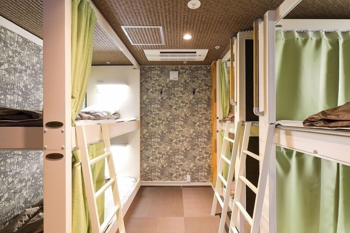 A dormitory room with bunk beds, a patterned wall, and a ceiling with recessed lighting.
