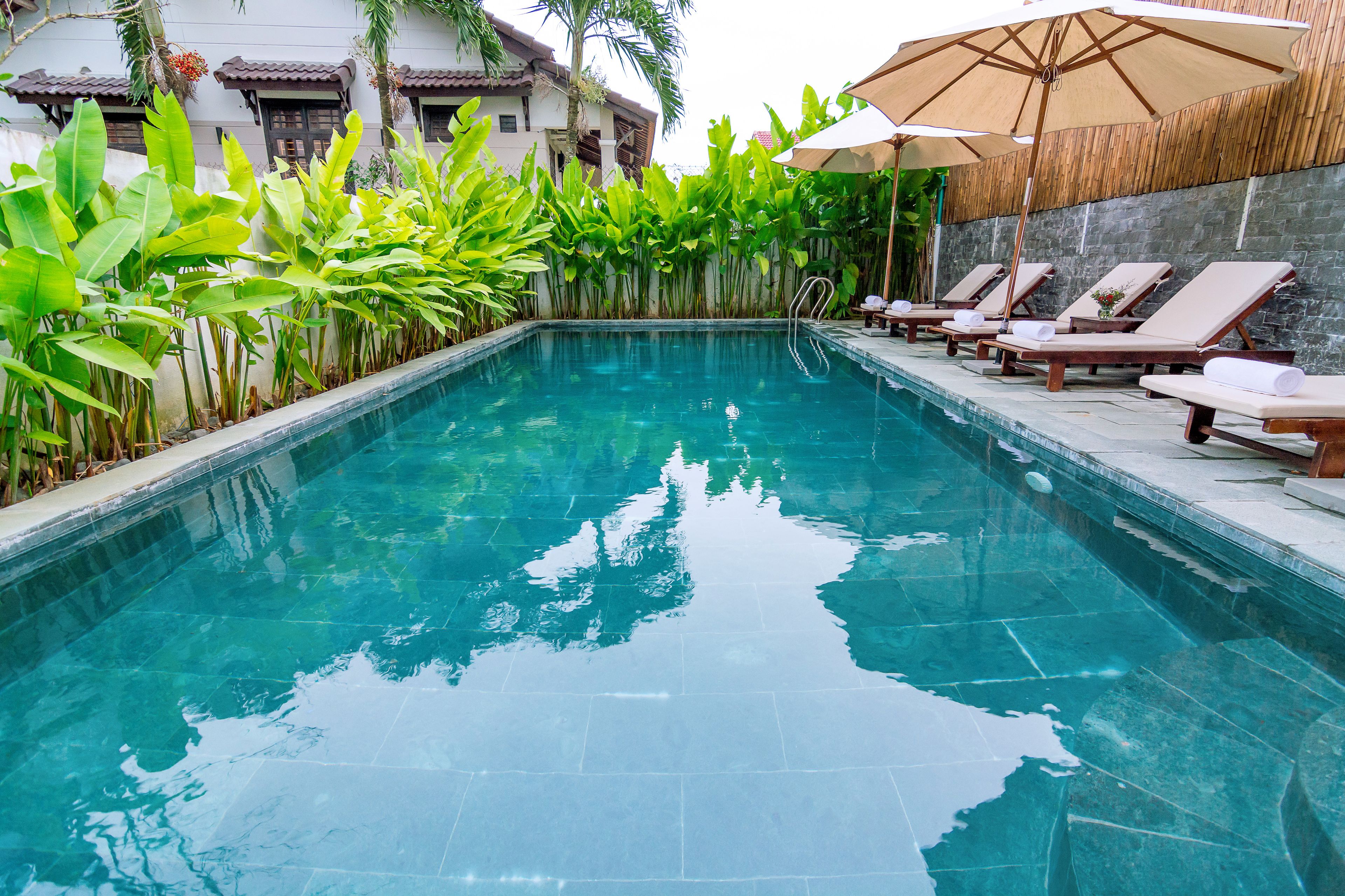A swimming pool with lounge chairs and umbrellas, surrounded by lush greenery.