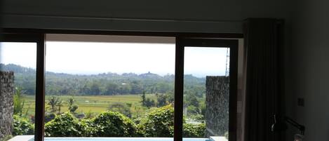 A room with a large sliding glass door leading to a pool area with a view of a green landscape.