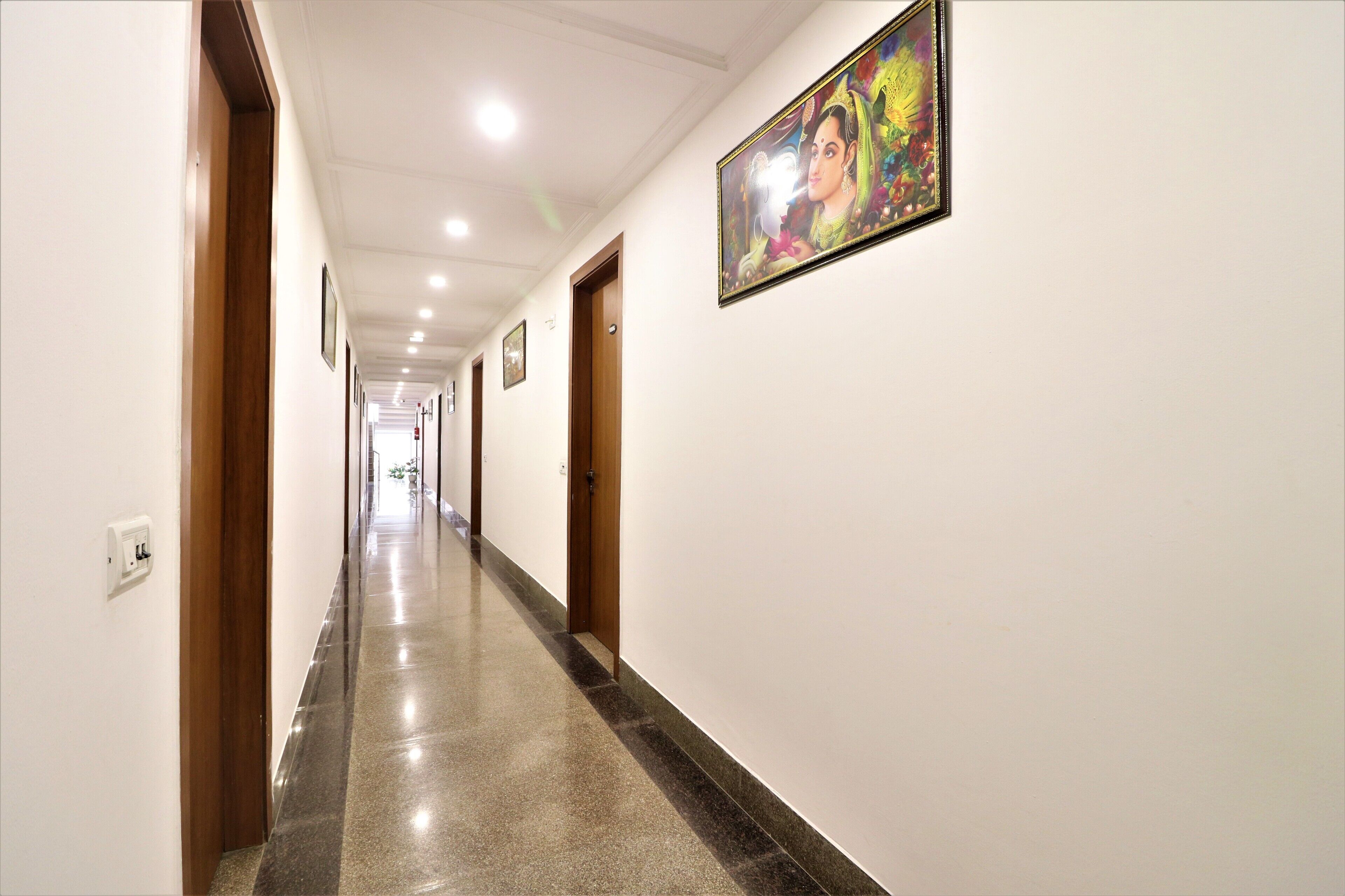 A long, well-lit hallway with wooden doors and a framed picture on the wall.