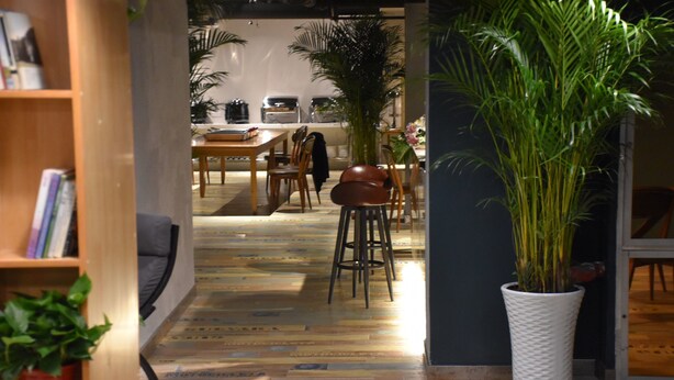 A modern interior with a wooden bookshelf, a large potted plant, and a dining area with a table and chairs. - Manchen Hotel (Xi'an)