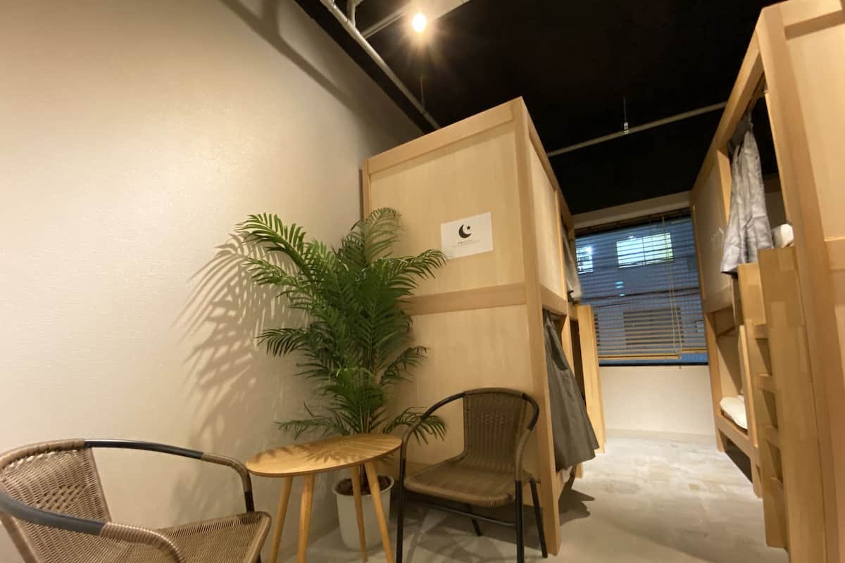 Una habitación con una pequeña mesa, dos sillas, una planta en maceta y un separador de madera.