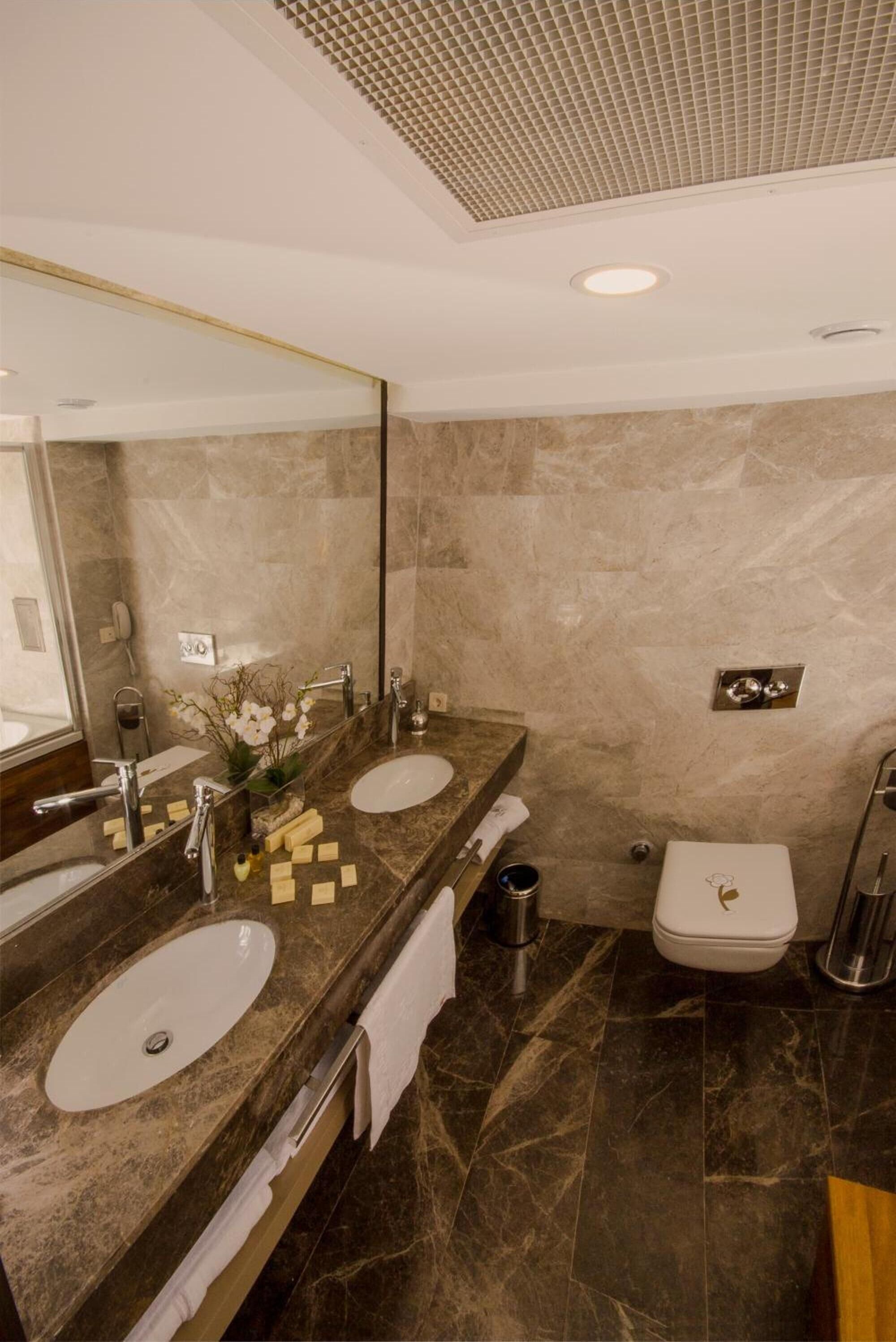 Une salle de bain moderne avec deux lavabos, un grand miroir et des toilettes.