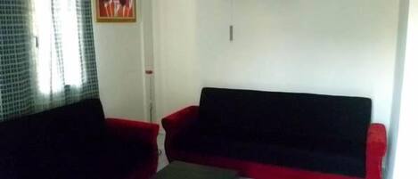 A living room with a red sofa, a black coffee table, and a patterned rug.