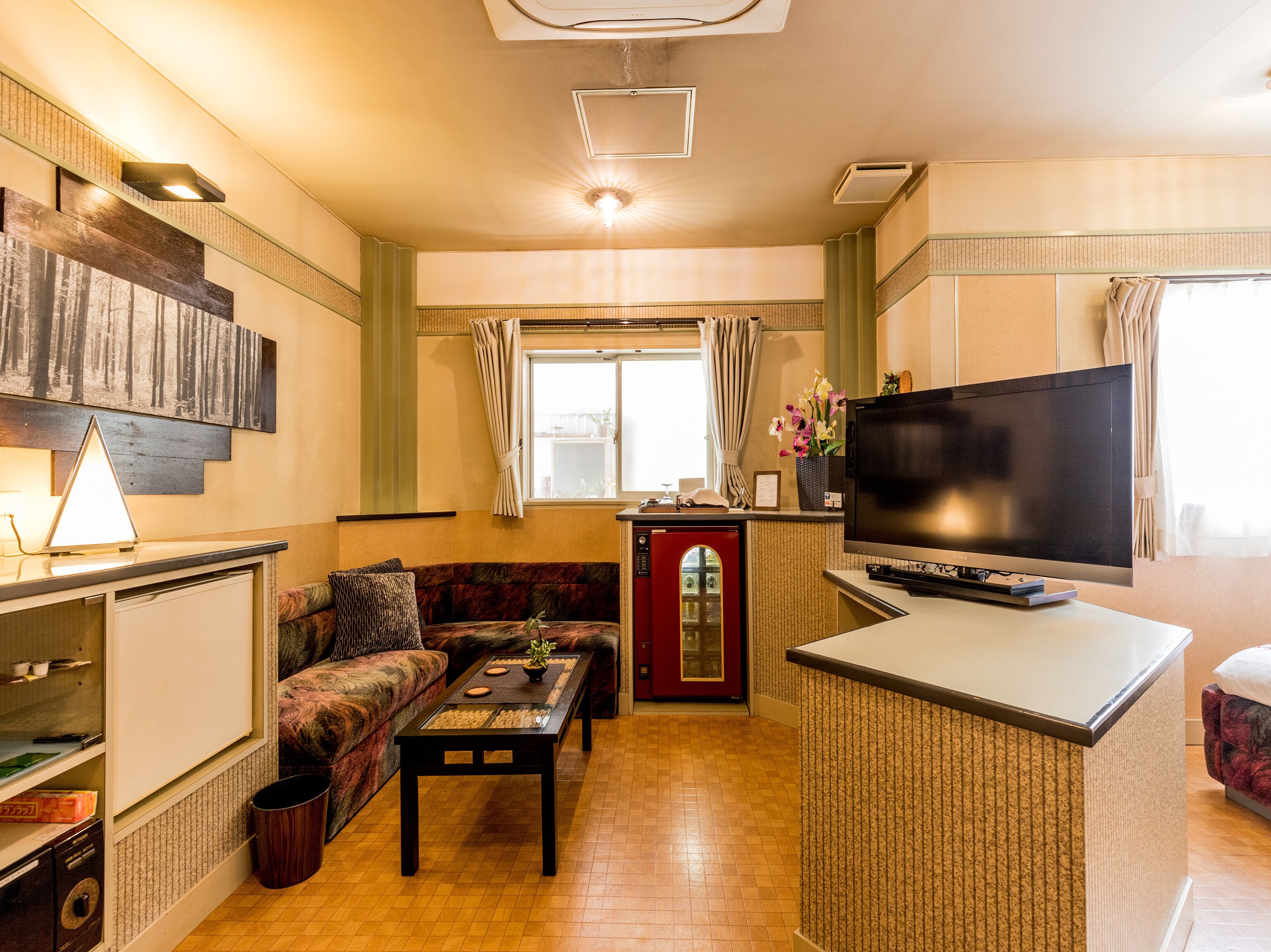 A compact living space with a sofa, a small table, a television, and a kitchenette area.