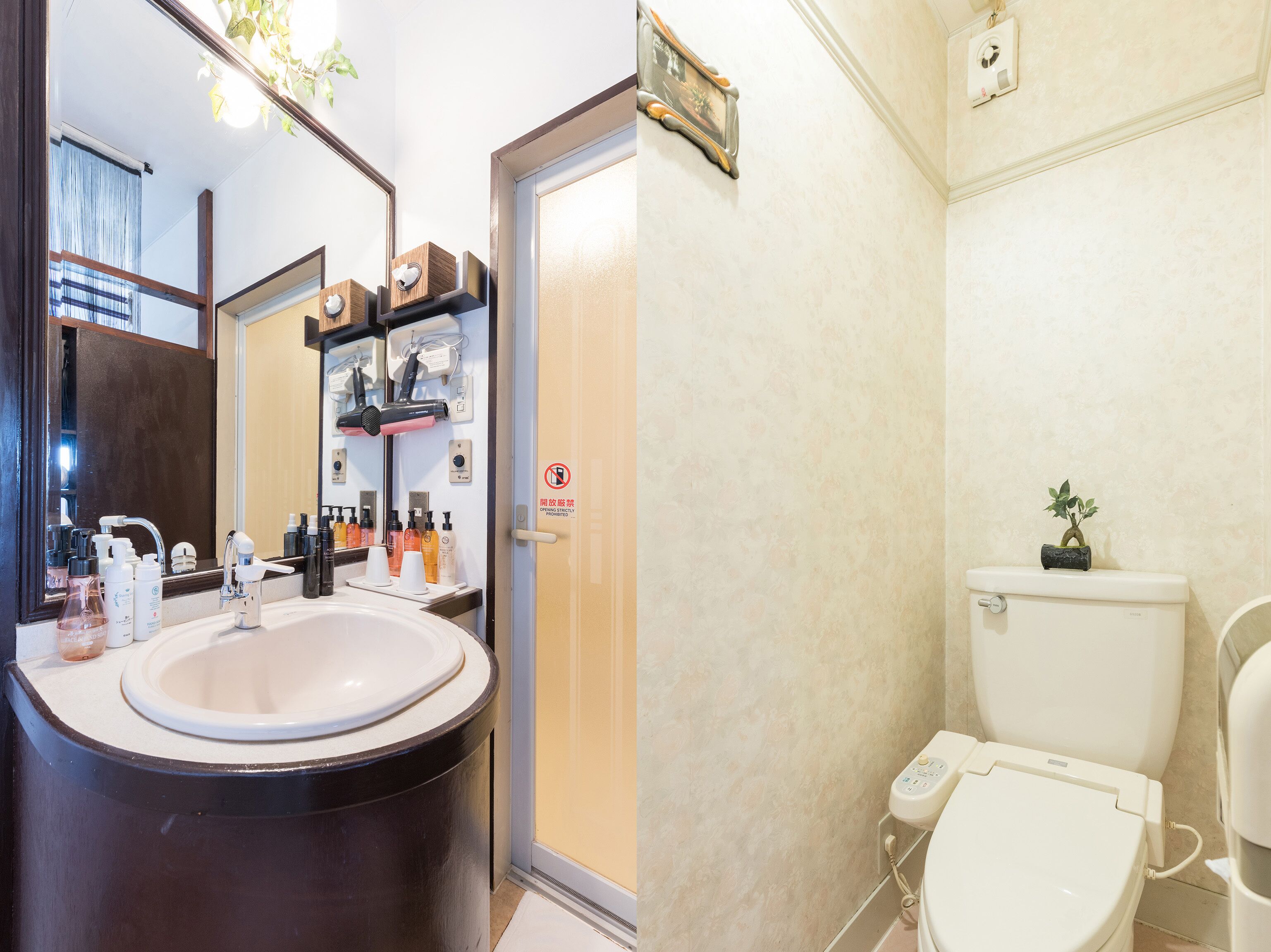 Casa de banho com lavatório, espelho e sanita. Produtos de higiene pessoal no balcão do lavatório, e uma planta junto à sanita.
