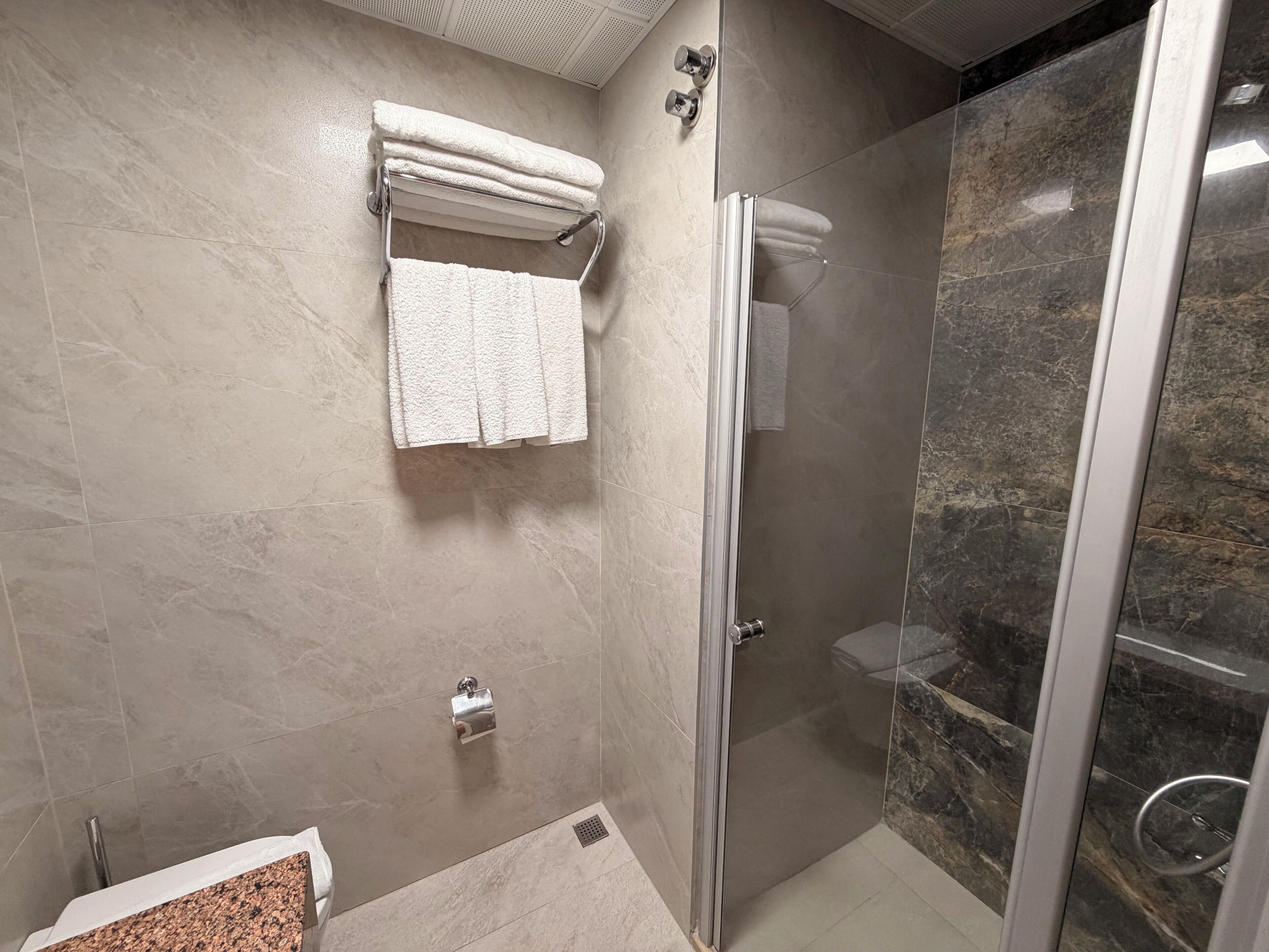 A modern bathroom with a glass shower enclosure, a marble-tiled wall, and a towel rack with folded towels.
