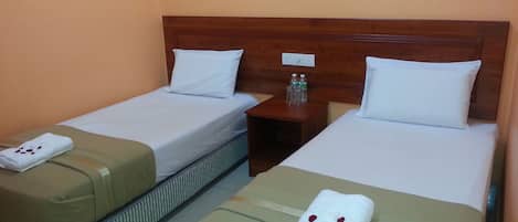 Een hotelkamer met twee eenpersoonsbedden, elk met een kussen en een opgevouwen handdoek. Er is een nachtkastje met een waterfles en een stopcontact.