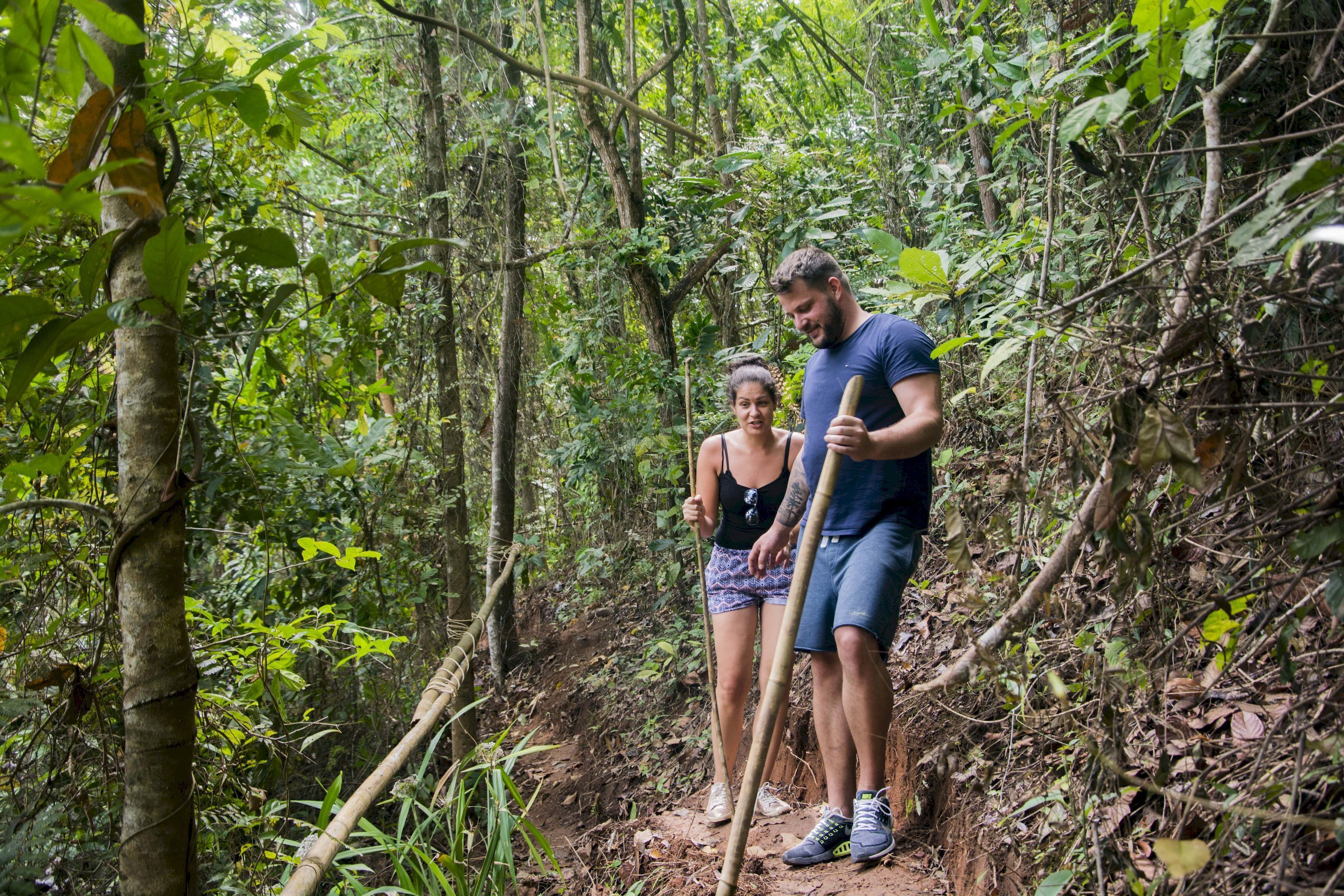 Two people hiking in a forested area with a dirt path.