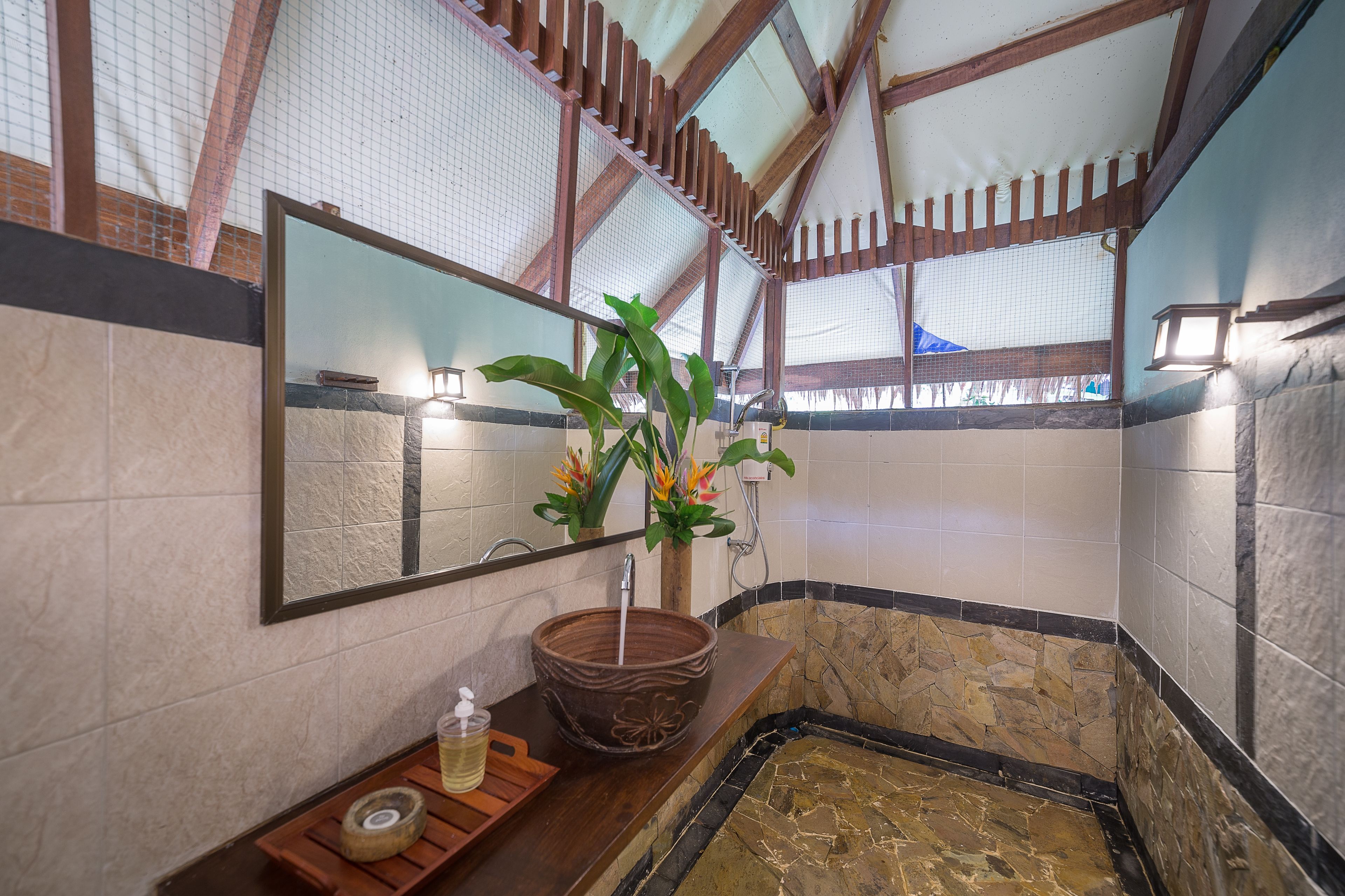 earth house  | bathroom | shower, bidet, towels, soap