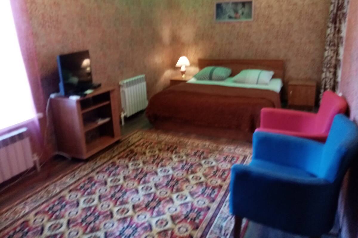 Een slaapkamer met een bed, een televisie, een lamp en een kamerkleed met een patroon.