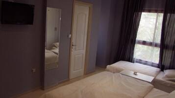 A bedroom with two beds, a wardrobe, a television, and a window with curtains.