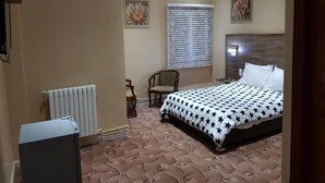 Une chambre à coucher comprenant un lit, une chaise, un radiateur et un appareil de climatisation.