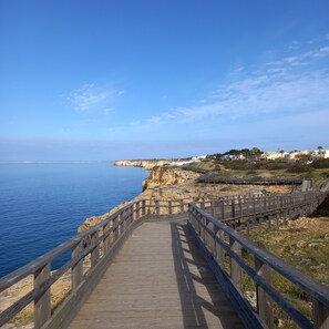 A wooden boardwalk leading to a coastal area with a clear view of the sea and a rocky cliff. - Welwitshia guest house (Lagoa)