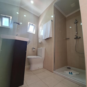 A bathroom with a toilet, sink, and shower area.