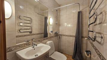 A bathroom with a sink, toilet, shower, and a mirror.